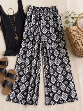 Vintage Cache Black Geometric Paisley Flowy Wide Leg Palazzo Pants Sz 8 Boho Y2K